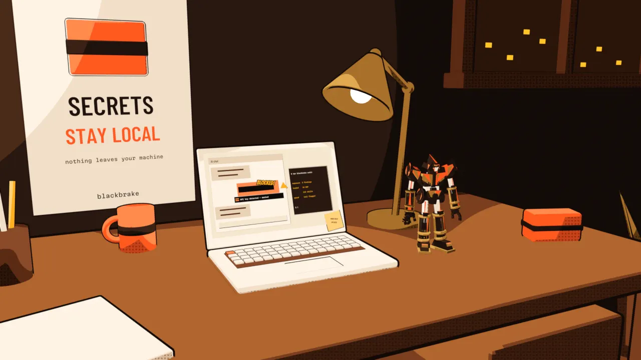 A desk at night. On the laptop screen an AI chat message has its API key covered by a black bar and a notice reads: API key detected, masked.