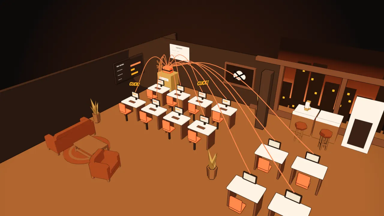 An open-plan office in miniature. Orange cables run from every desk to one small orange box, the hub. A board reads Transparency and a sticker reads no cloud, your hardware.